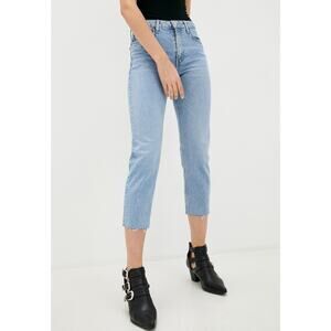 Topshop Straight Leg High Rise Cropped Raw Hem Jeans Light Wash Womens 28